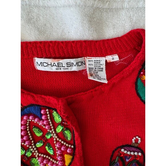 Vintage Michael Simon Ornament Beaded Christmas Sweater Cardigan Sz 2 Small XS - Picture 7 of 9